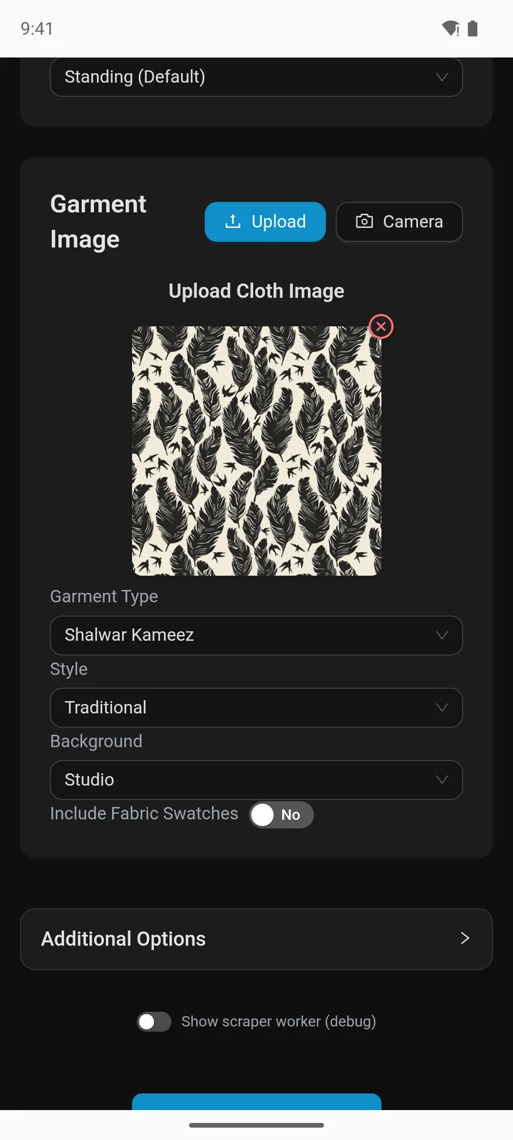 Dukans app screenshot showing a garment image with type, style and background options