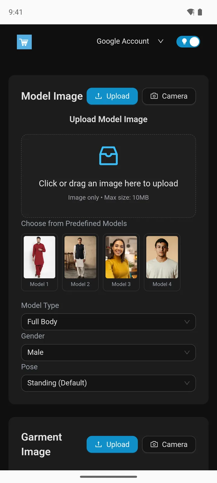 Dukans app screenshot showing the try on form with model upload and four predefined models